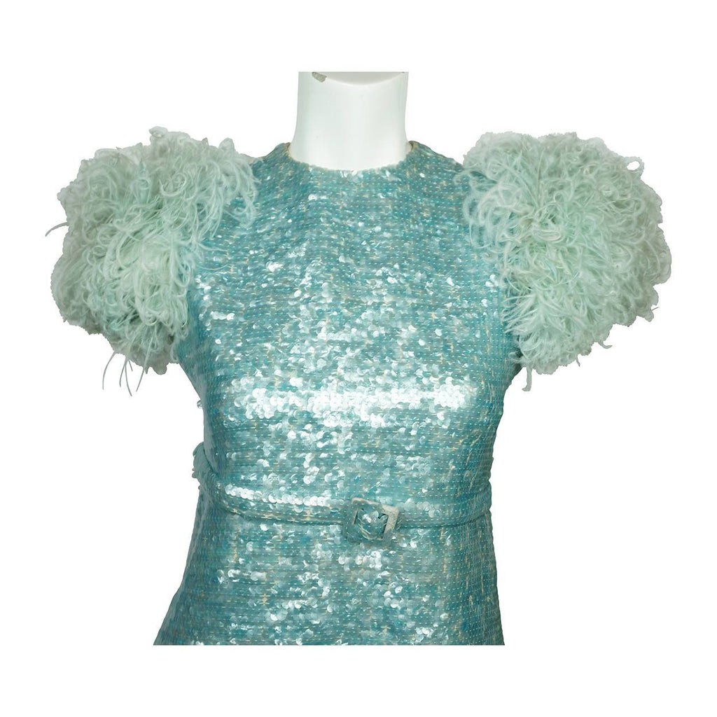 Vintage 1960s Blue Sequin Ball Gown Evening Dress - Sz Small - Poppy's Vintage Clothing