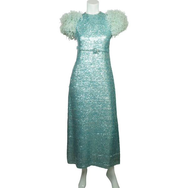 Vintage 1960s Blue Sequin Ball Gown Evening Dress - Sz Small - Poppy's Vintage Clothing