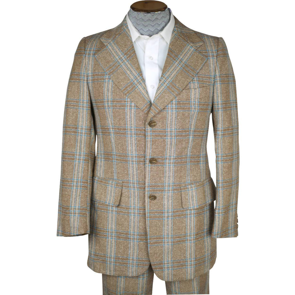 Vintage 1970s Mens Suit Checked Wool Silk Blend Disco Era Size S M - Poppy's Vintage Clothing