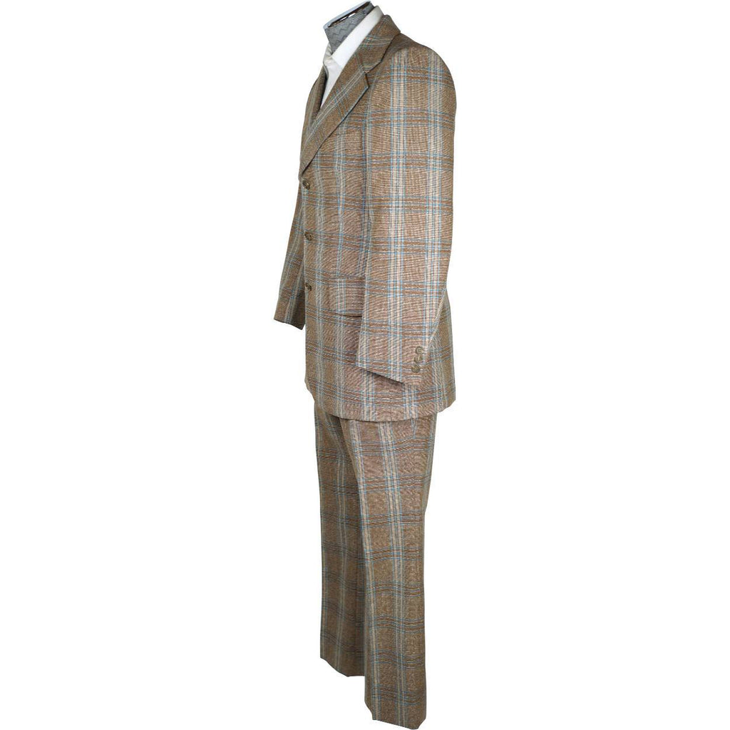 Vintage 1970s Mens Suit Checked Wool Silk Blend Disco Era Size S M - Poppy's Vintage Clothing