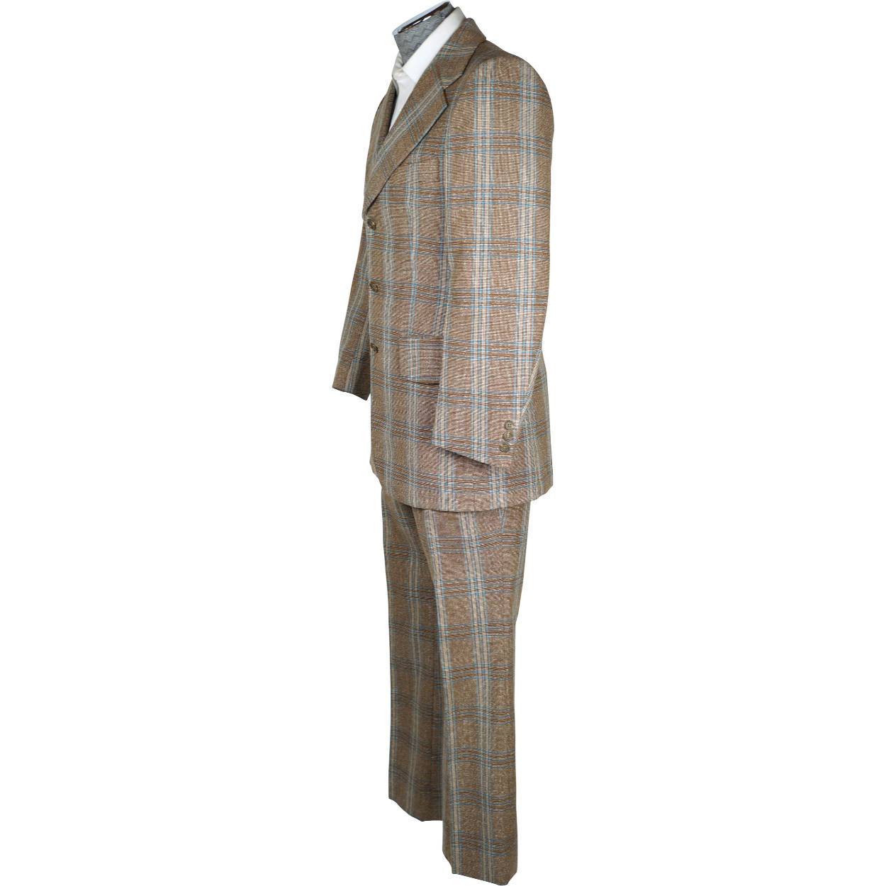 Vintage 1970s Mens Suit Checked Wool Silk Blend Disco Era Size S M - Poppy's Vintage Clothing