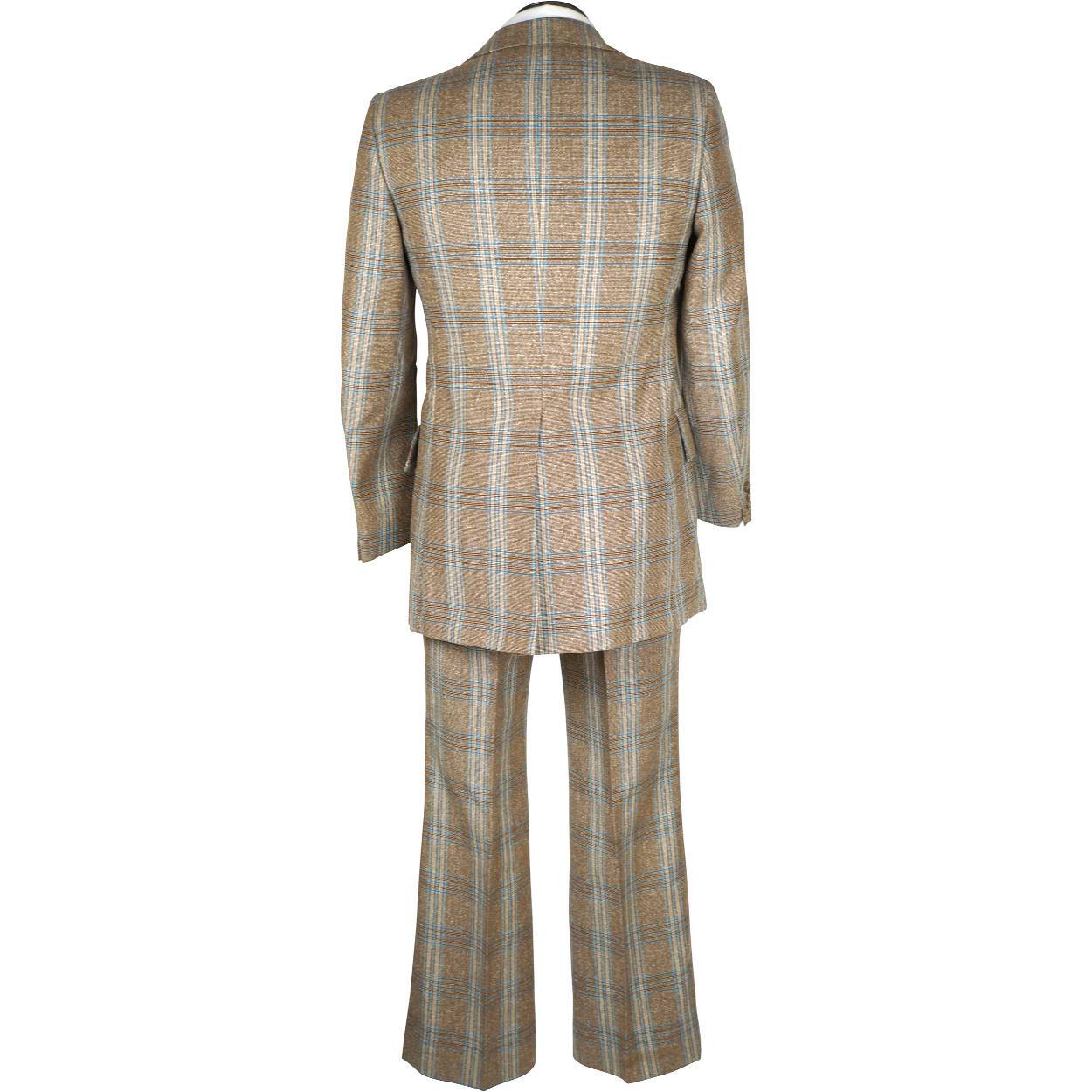 Vintage 1970s Mens Suit Checked Wool Silk Blend Disco Era Size S M - Poppy's Vintage Clothing