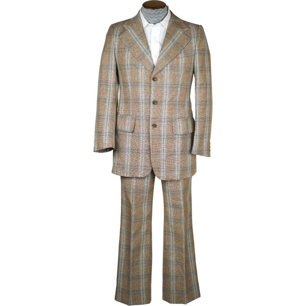 Vintage 1970s Mens Suit Checked Wool Silk Blend Disco Era Size S M - Poppy's Vintage Clothing