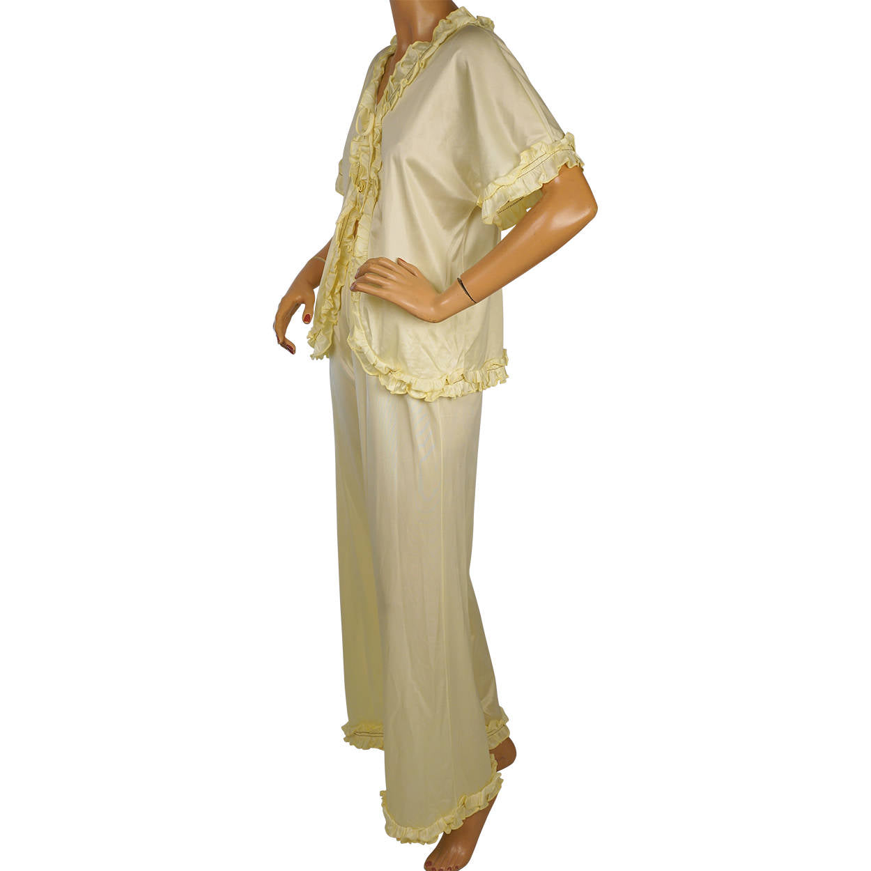 Vintage 1970s Lounging Pyjamas Yellow Nylon Pajamas Ladies S