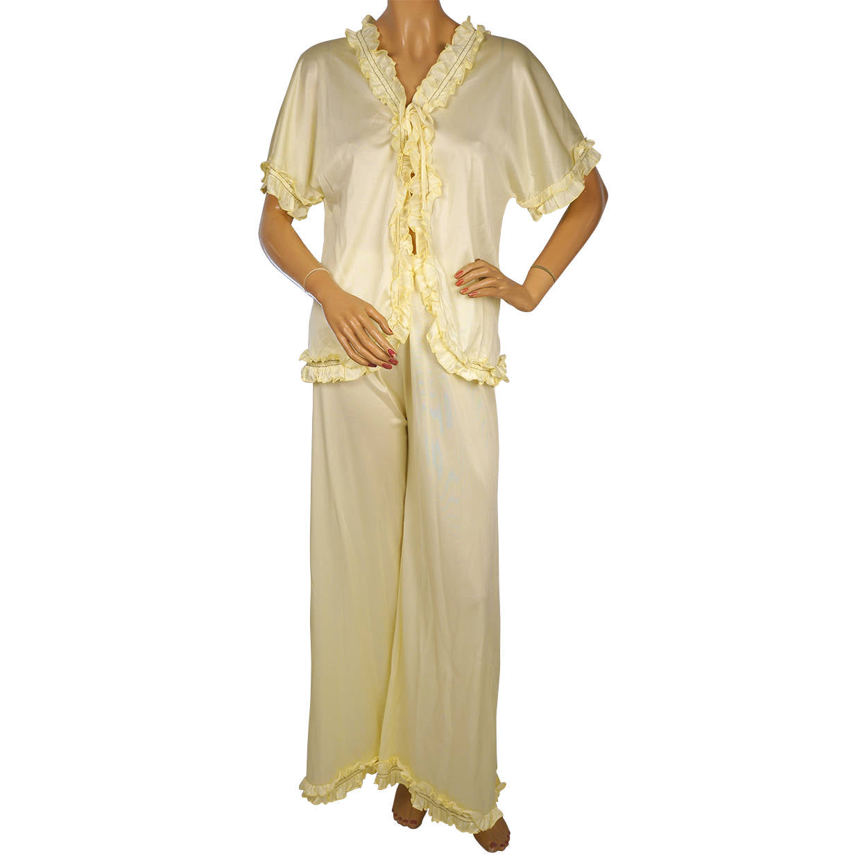 Vintage 1970s Lounging Pyjamas Yellow Nylon Pajamas Ladies S