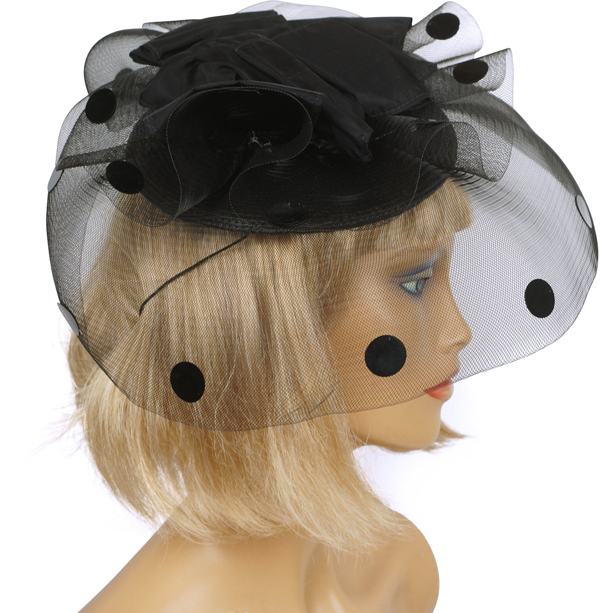 Vintage 1980s Cocktail Hat Black Straw w Horsehair Net Brim & Polka Dot Sequins - Poppy's Vintage Clothing