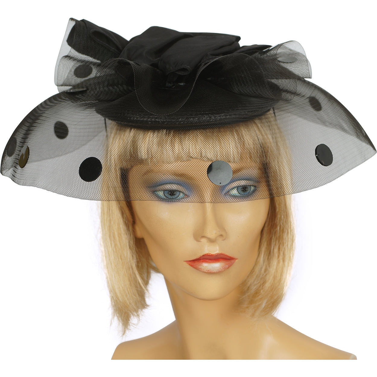 Vintage 1980s Cocktail Hat Black Straw w Horsehair Net Brim & Polka Dot Sequins - Poppy's Vintage Clothing