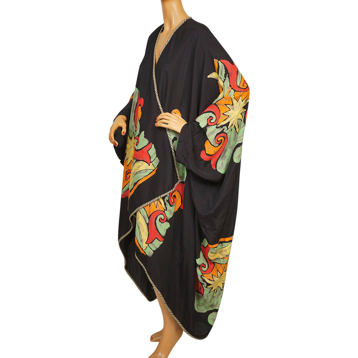 Vintage 1980s Cloak Wrap Black with Abstract Colours All Sizes - Poppy's Vintage Clothing