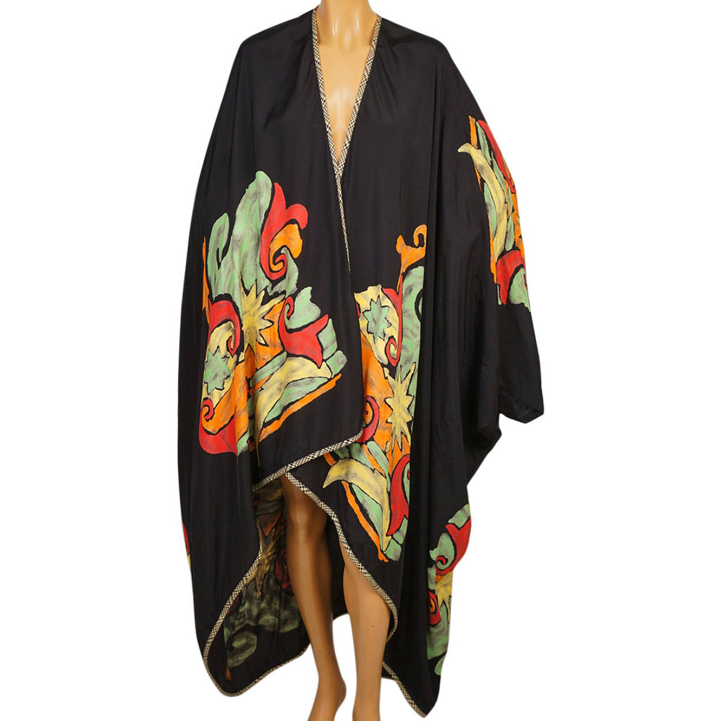 Vintage 1980s Cloak Wrap Black with Abstract Colours All Sizes - Poppy's Vintage Clothing
