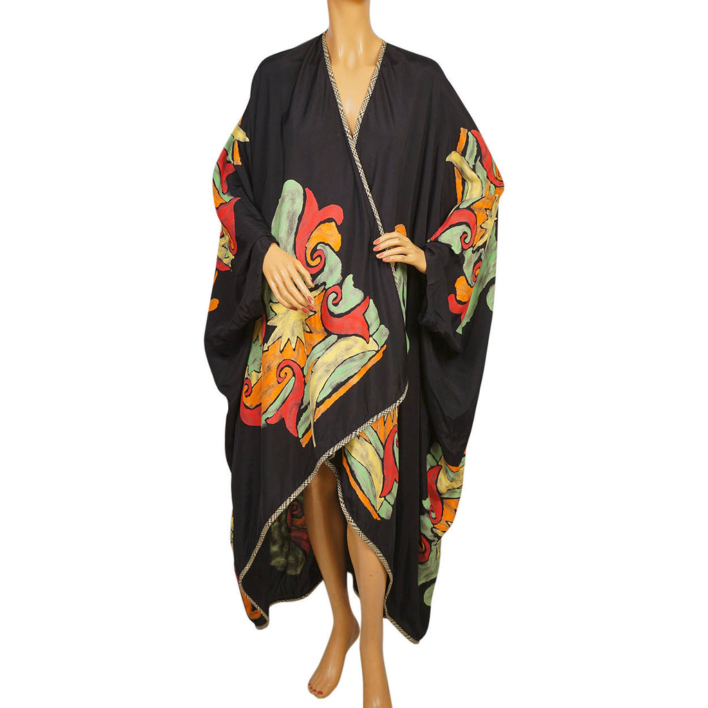 Vintage 1980s Cloak Wrap Black with Abstract Colours All Sizes - Poppy's Vintage Clothing