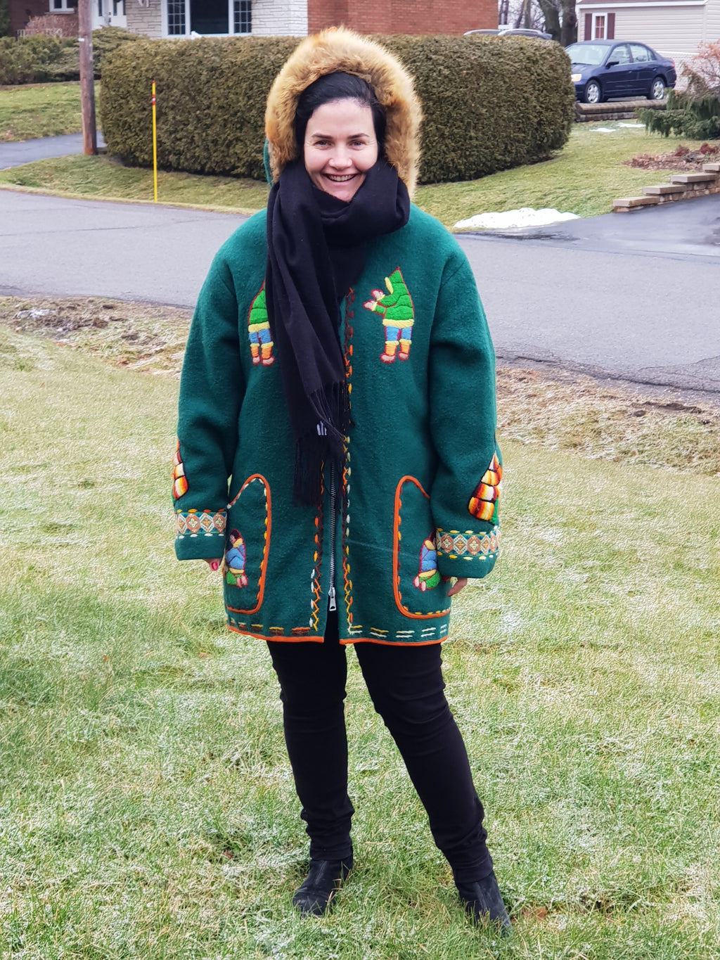 Vintage Eskimo Duffle Parka Coat Inuit Embroidered Green Wool w Fur Trim Hood - Poppy's Vintage Clothing