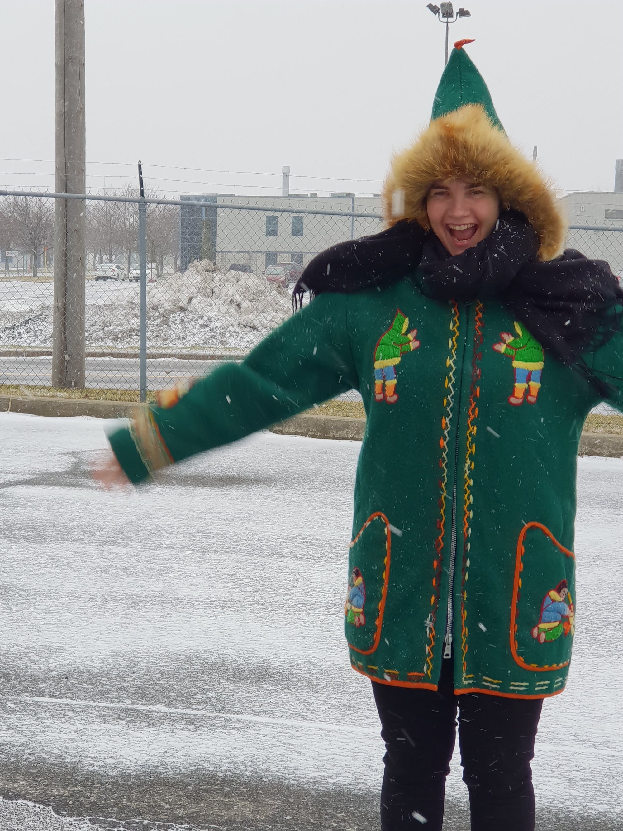 Vintage Eskimo Duffle Parka Coat Inuit Embroidered Green Wool w Fur Trim Hood - Poppy's Vintage Clothing