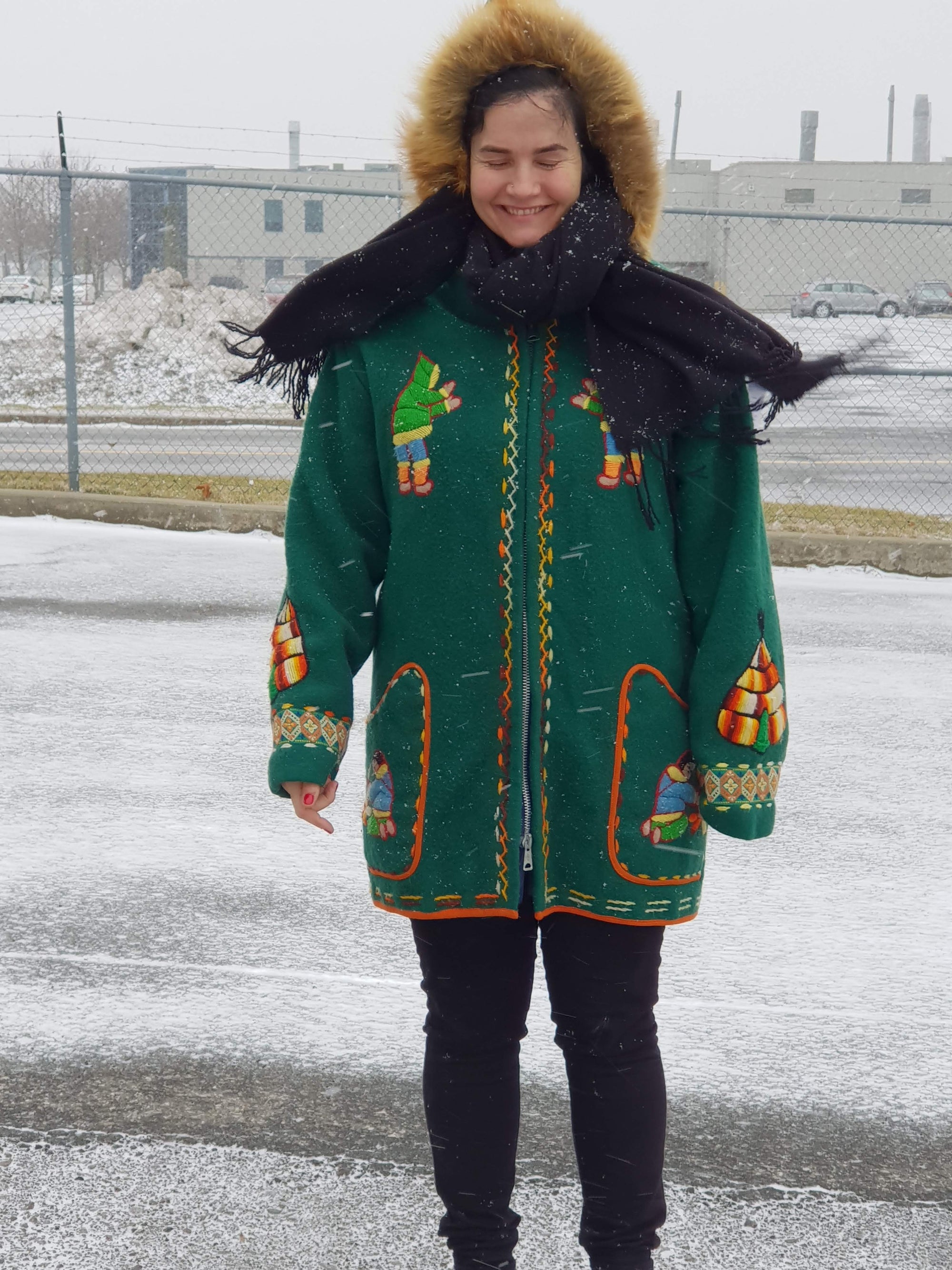 Vintage Eskimo Duffle Parka Coat Inuit Embroidered Green Wool w Fur Trim Hood - Poppy's Vintage Clothing