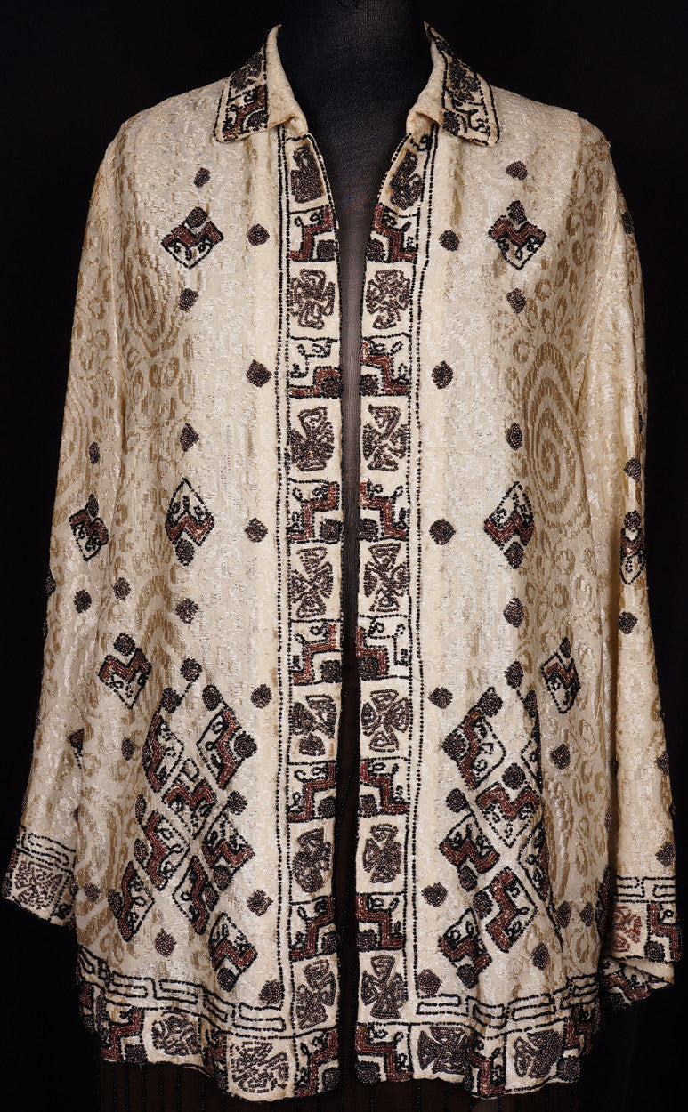 1920s Art Deco Beaded Jacket Silk Woven Wool - Poppy's Vintage Clothing