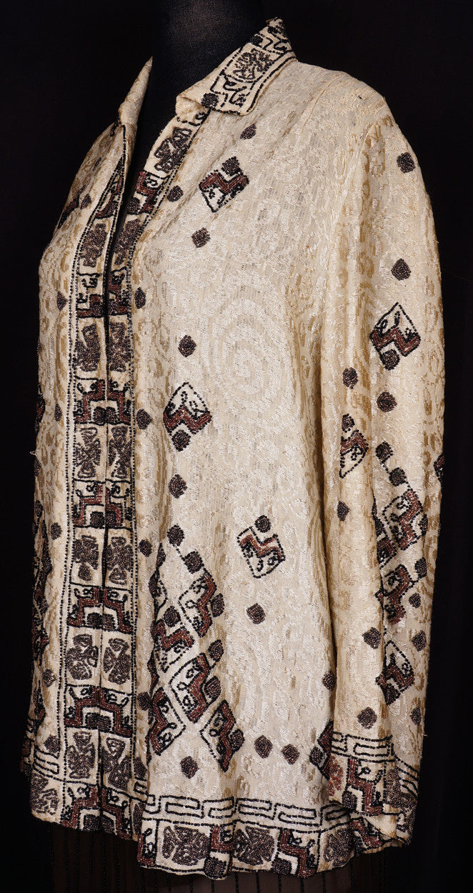 1920s Art Deco Beaded Jacket Silk Woven Wool - Poppy's Vintage Clothing