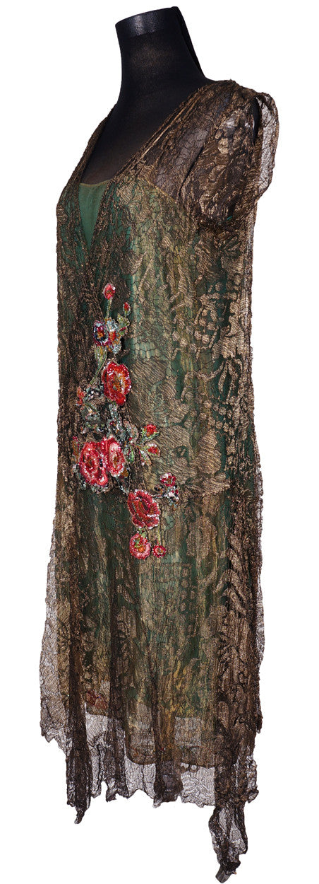 SOLD 1920s Flapper Dress Metallic Lace Beaded Gown Size M - Poppy's Vintage Clothing