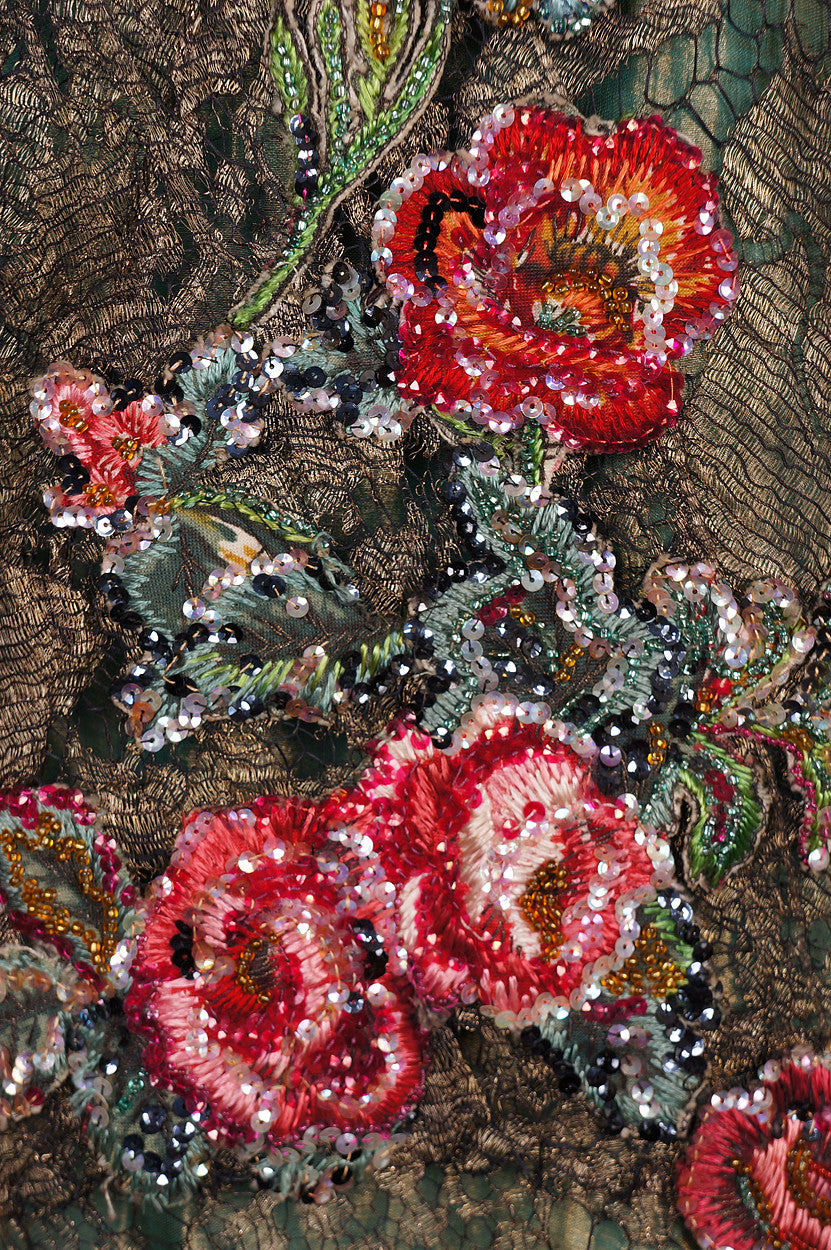 SOLD 1920s Flapper Dress Metallic Lace Beaded Gown Size M - Poppy's Vintage Clothing