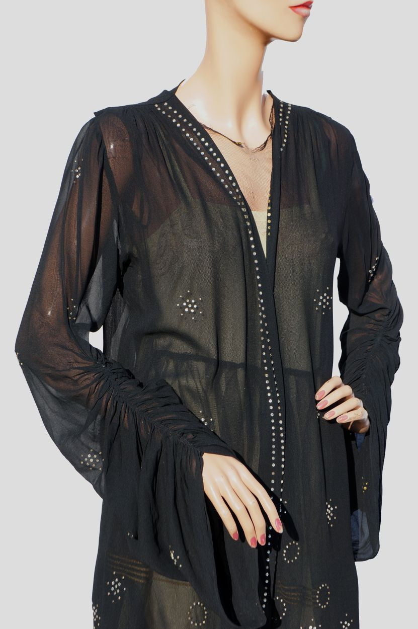 Vintage 1920s Chiffon Coat with Rhinestone Studs - Art Deco - Geometric Design - Poppy's Vintage Clothing