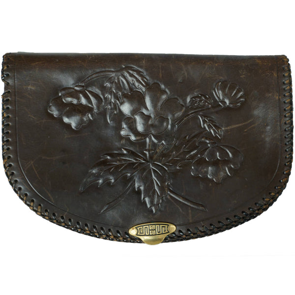Vintage 1930s Tooled Leather Clutch Purse - Poppy Flowers - Name Anna inside - Poppy's Vintage Clothing