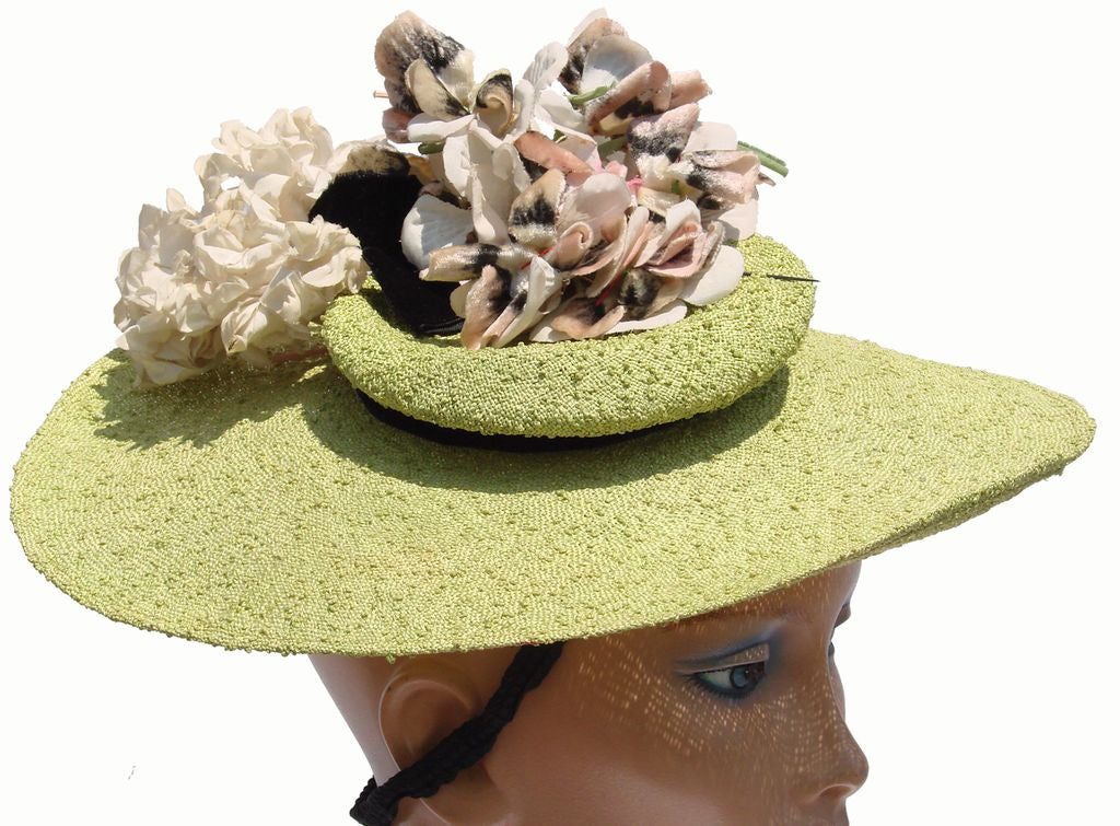 Wide Brimmed Hat 1930s Apple Green Straw with Millinery Flower - Poppy's Vintage Clothing