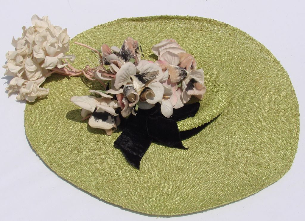 Wide Brimmed Hat 1930s Apple Green Straw with Millinery Flower - Poppy's Vintage Clothing