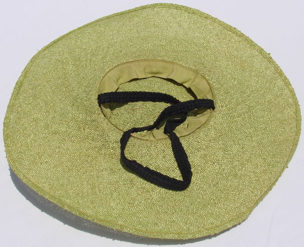 Wide Brimmed Hat 1930s Apple Green Straw with Millinery Flower - Poppy's Vintage Clothing