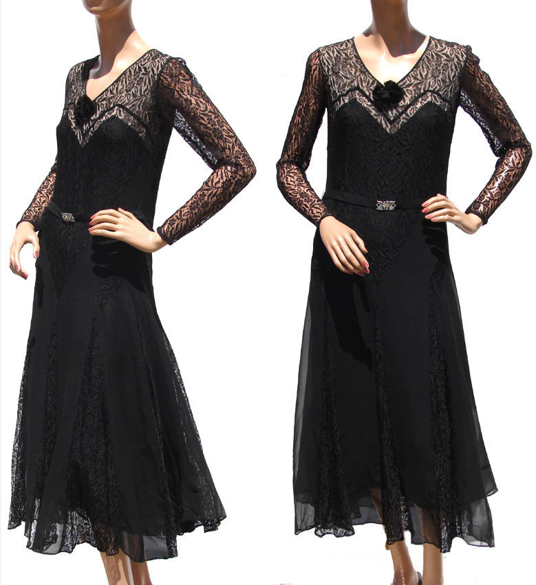 Vintage 1930s Black Lace and Chiffon Dress - Art Deco Styling - Poppy's Vintage Clothing
