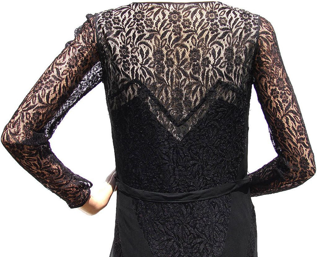 Vintage 1930s Black Lace and Chiffon Dress - Art Deco Styling - Poppy's Vintage Clothing