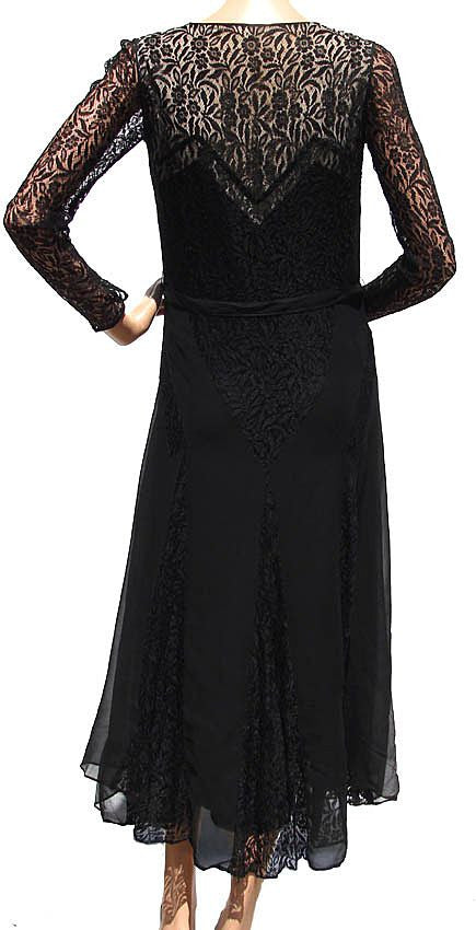 Vintage 1930s Black Lace and Chiffon Dress - Art Deco Styling - Poppy's Vintage Clothing