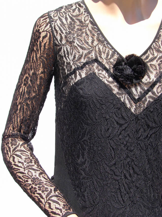 Vintage 1930s Black Lace and Chiffon Dress - Art Deco Styling - Poppy's Vintage Clothing