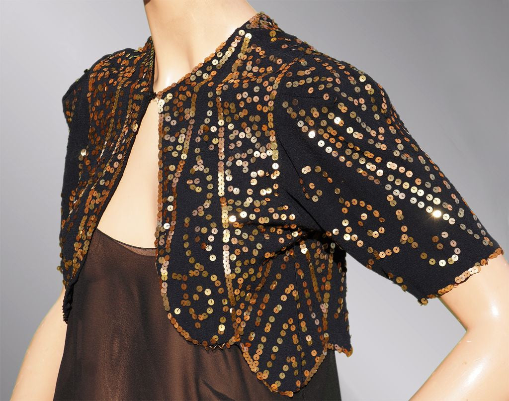 Vintage 30s Gold Sequin Bolero Jacket - 1930s Evening Sequined Black Silk Crepe S - Poppy's Vintage Clothing