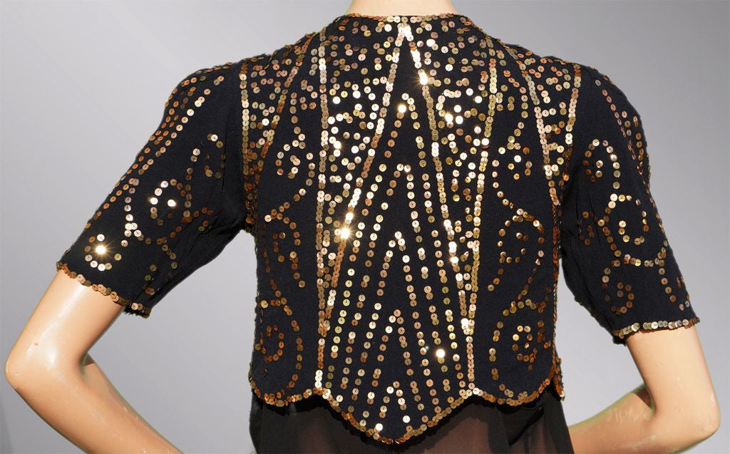 Vintage 30s Gold Sequin Bolero Jacket - 1930s Evening Sequined Black Silk Crepe S - Poppy's Vintage Clothing
