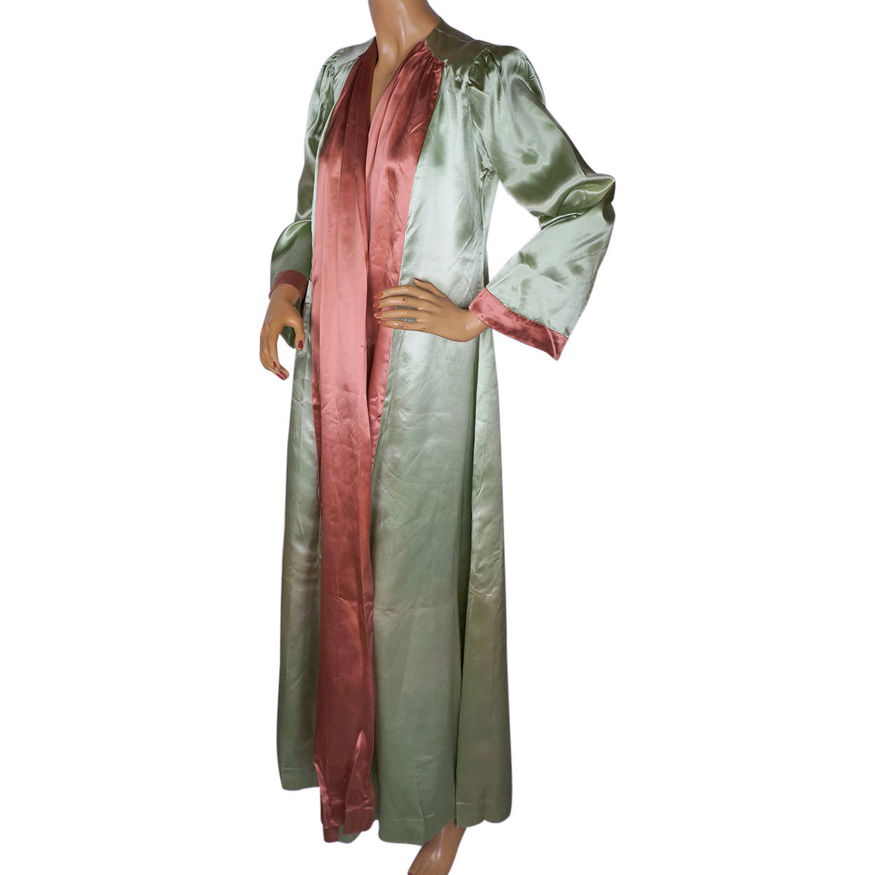 Vintage 1930s Satin Dressing Gown Green Pink Lounging Robe Ladies Size M - Poppy's Vintage Clothing