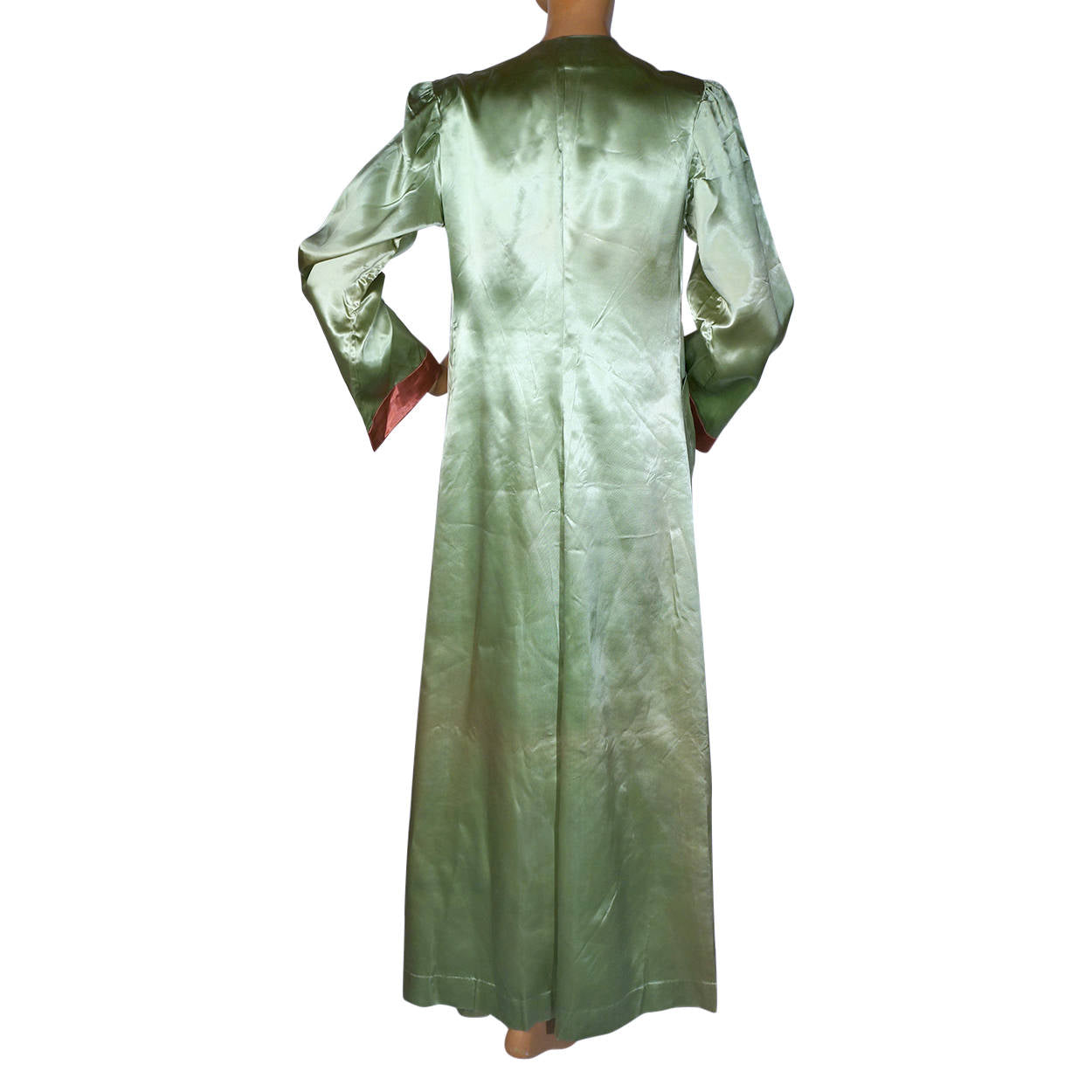 Vintage 1930s Satin Dressing Gown Green Pink Lounging Robe Ladies Size M - Poppy's Vintage Clothing