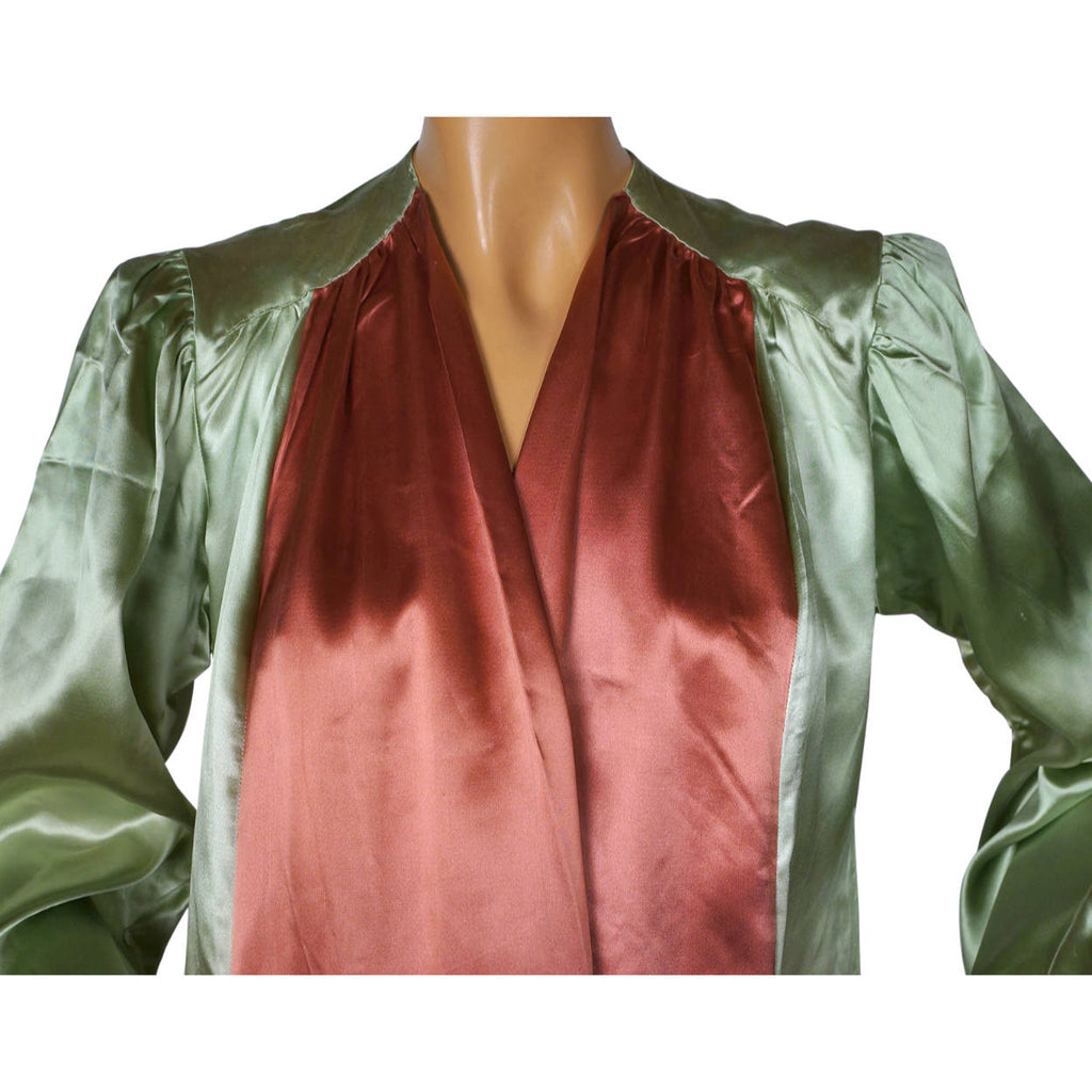 Vintage 1930s Satin Dressing Gown Green Pink Lounging Robe Ladies Size M - Poppy's Vintage Clothing