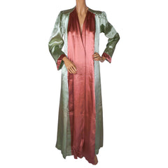 Vintage 1930s Satin Dressing Gown Green Pink Lounging Robe Ladies Size M - Poppy's Vintage Clothing