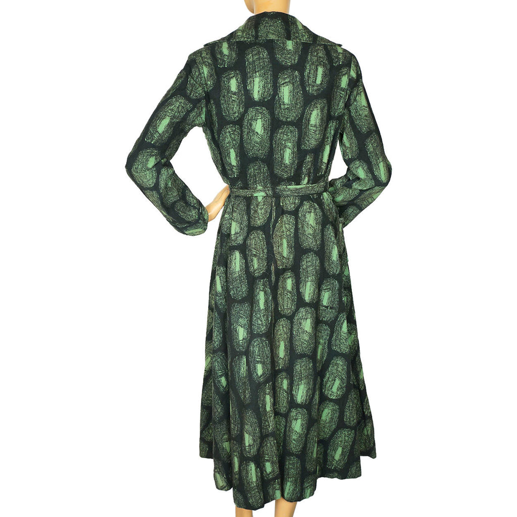 Vintage 1950s Cotton Flannel Dressing Gown Abstract Print Green &amp; Black Ladies M - Poppy's Vintage Clothing