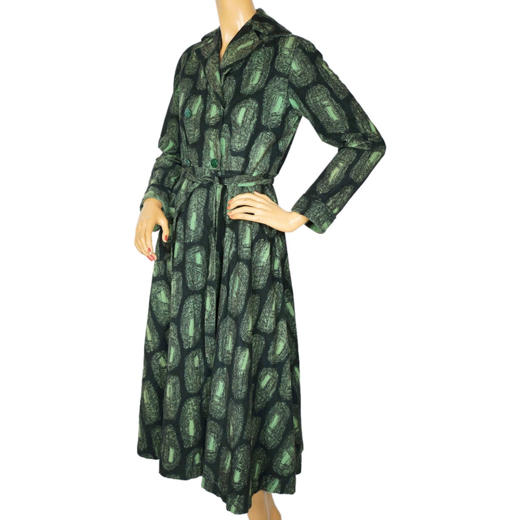 Vintage 1950s Cotton Flannel Dressing Gown Abstract Print Green &amp; Black Ladies M - Poppy's Vintage Clothing
