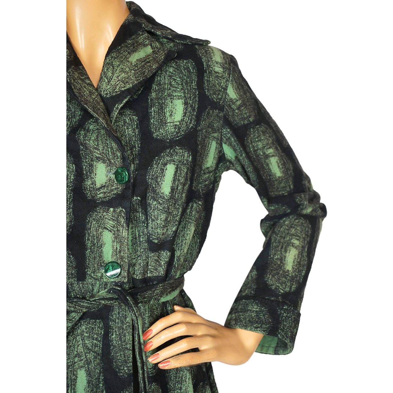 Vintage 1950s Cotton Flannel Dressing Gown Abstract Print Green &amp; Black Ladies M - Poppy's Vintage Clothing