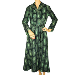 Vintage 1950s Cotton Flannel Dressing Gown Abstract Print Green &amp; Black Ladies M - Poppy's Vintage Clothing