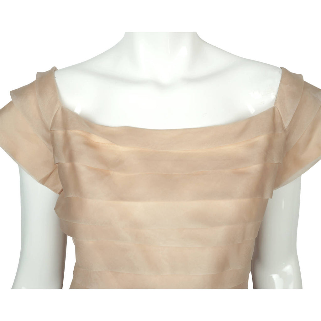 Vintage 1950s Cocktail Dress Beige Silk Organza Size Small - Poppy's Vintage Clothing