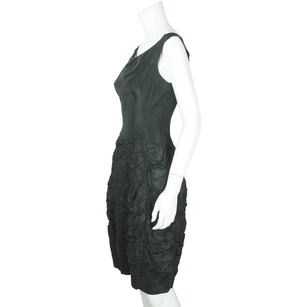 Vintage 50s Black Cocktail Dress w Ruched Skirt Size S - Poppy's Vintage Clothing