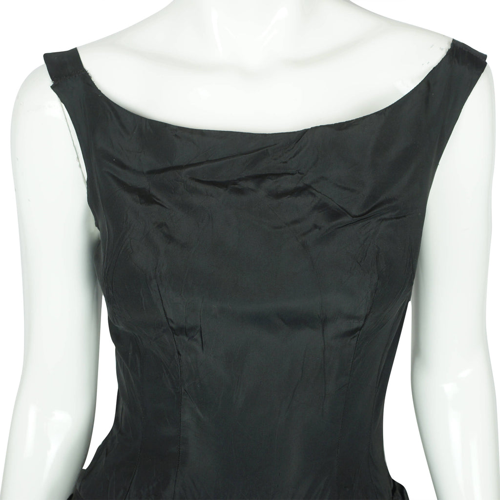 Vintage 50s Black Cocktail Dress w Ruched Skirt Size S - Poppy's Vintage Clothing