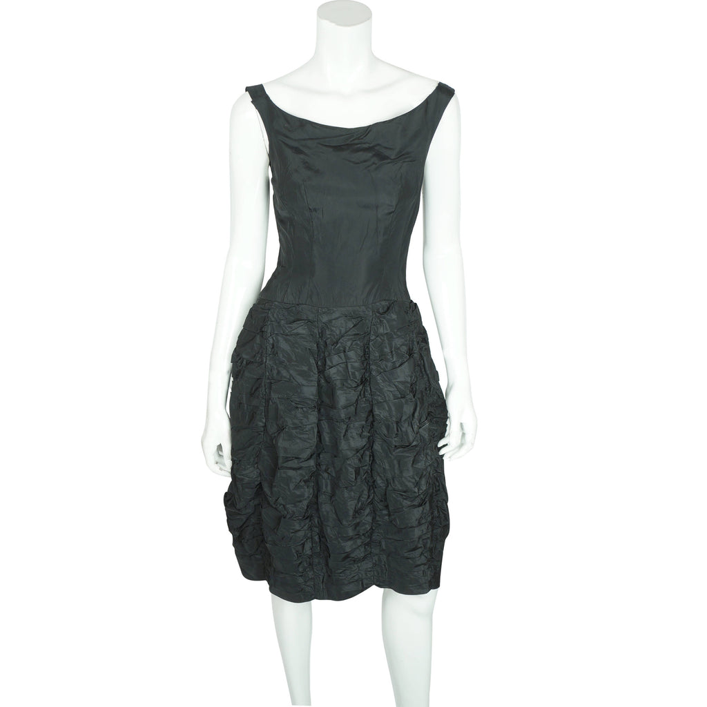 Vintage 50s Black Cocktail Dress w Ruched Skirt Size S - Poppy's Vintage Clothing