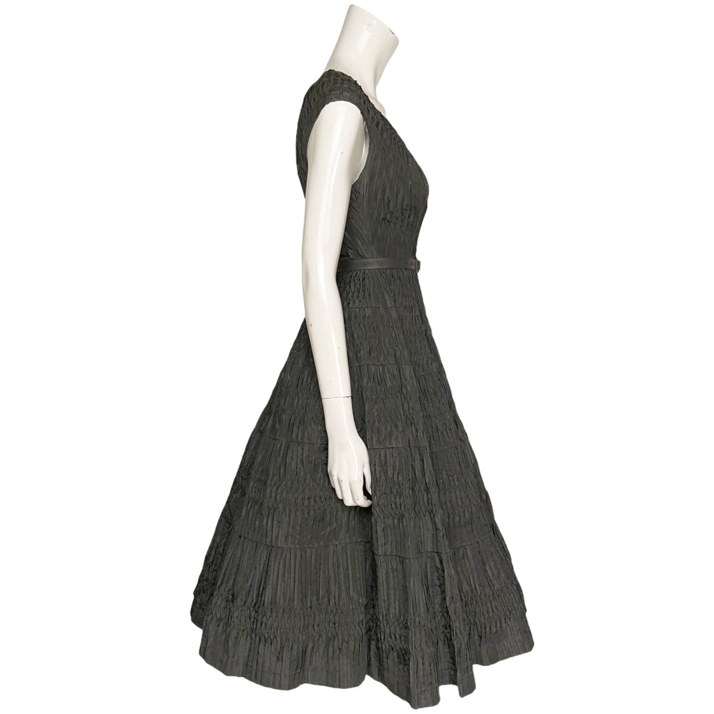 Vintage 50s Taffeta Dress Ruched Black w Crinoline Skirt Small