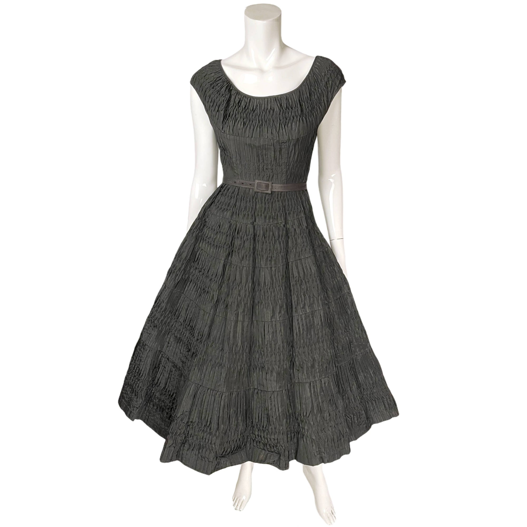 Vintage 50s Taffeta Dress Ruched Black w Crinoline Skirt Small