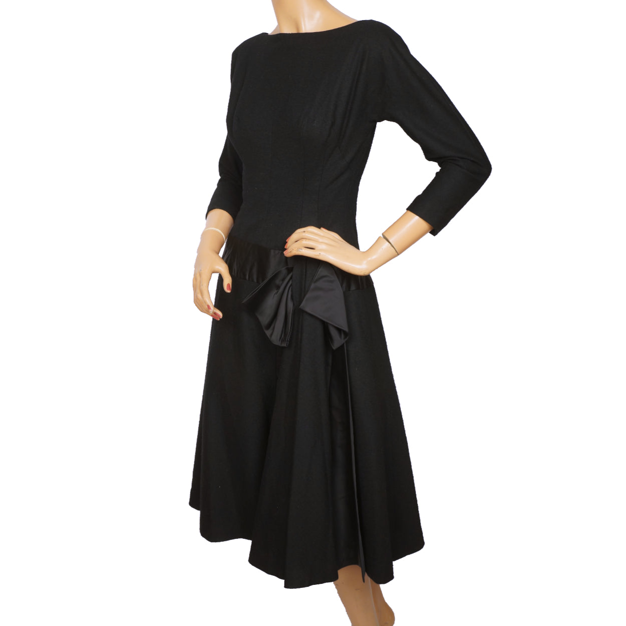 Vintage 50s Dress Black Wool and Satin Size M - Poppy's Vintage Clothing