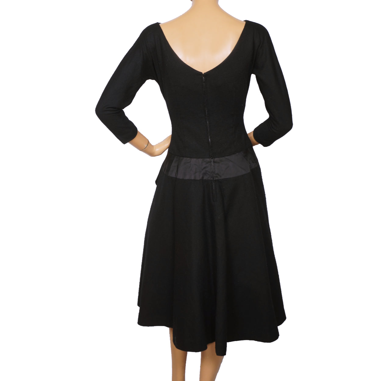 Vintage 50s Dress Black Wool and Satin Size M - Poppy's Vintage Clothing