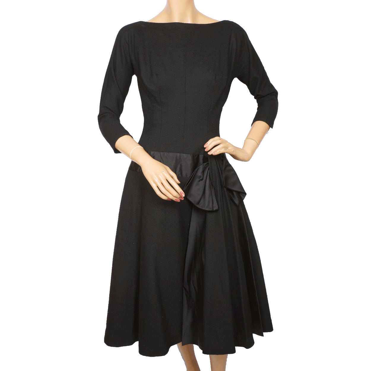 Vintage 50s Dress Black Wool and Satin Size M - Poppy's Vintage Clothing
