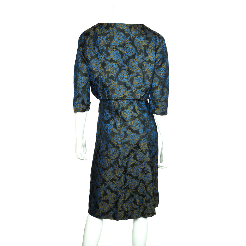 Vintage 50s Brocade Dress Blue Roses Pattern